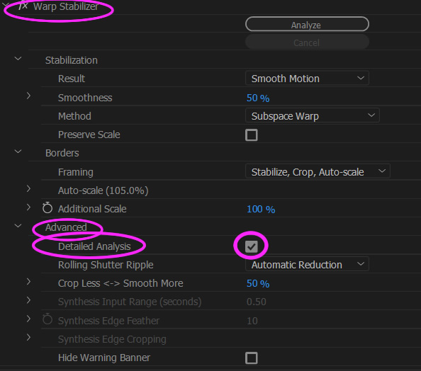 warp stabilizer needs clip dimensions